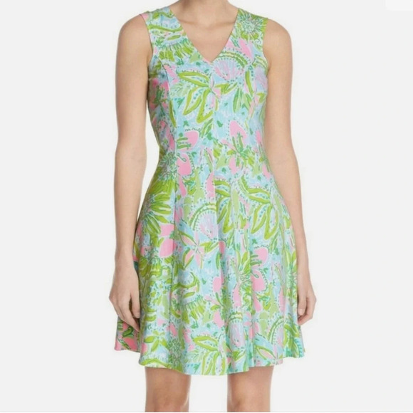 Lilly Pulitzer Dahlia Mini Dress Coconut Jungle V-neck Fit And Flare Green Pink - Picture 1 of 11